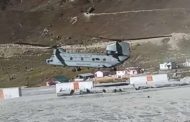 Indian Air Force cargo helicopter Chinook landing at Kedarnath