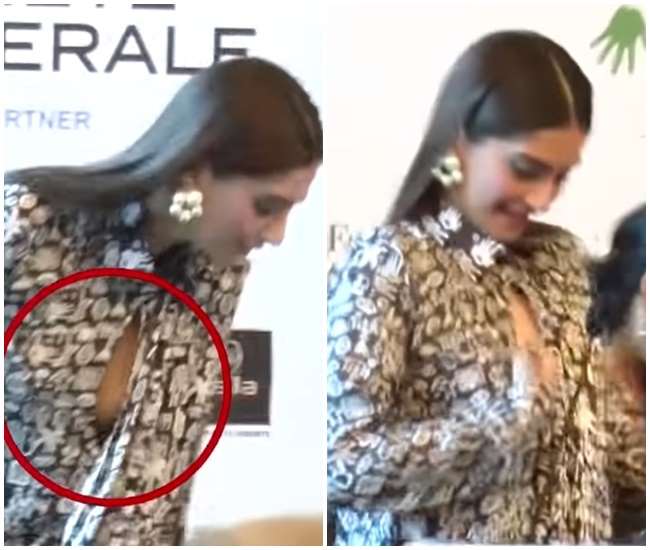 Sonam Kapoor's shirt buttons exposed during the event, the actress narrowly escaped falling