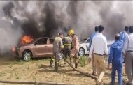 Prayagraj: A massive fire broke out in the garage of Maruti Suzuki, many cars got burnt, the accident happened due to high tension wire breaking and falling.