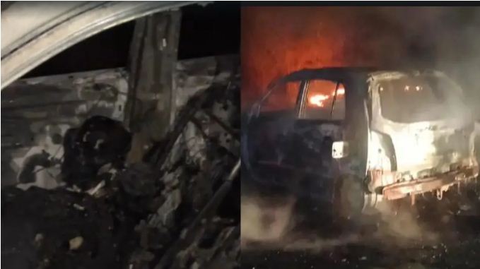 A terrible fire broke out in a car going from Muradnagar to Haridwar, four people including a child were burnt alive